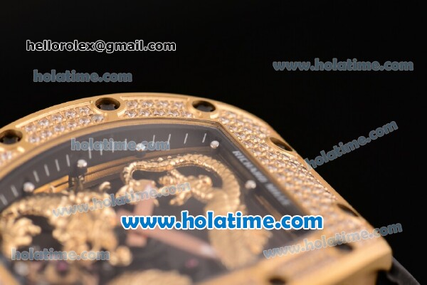 Richard Mille Tourbillon RM 057 Dragon Swiss ETA 2824 Automatic Yellow Gold&Diamonds Case with Black Rubber Strap and Gold Dragon Dial - 1:1 Original - Click Image to Close